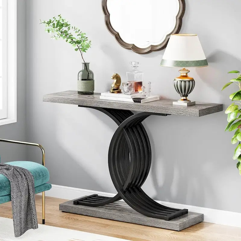 Farmhouse Wood Console Tables with Geometric Base for Entryway