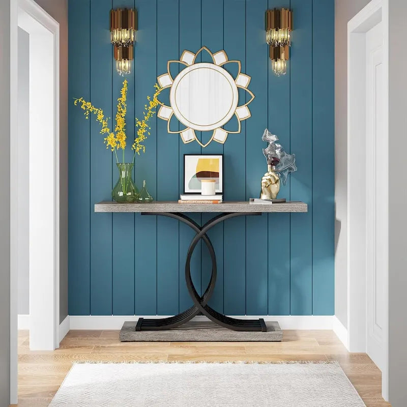Farmhouse Wood Console Tables with Geometric Base for Entryway