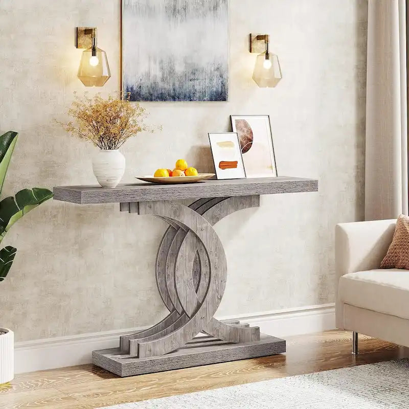 Farmhouse Wood Console Tables with Geometric Base for Entryway