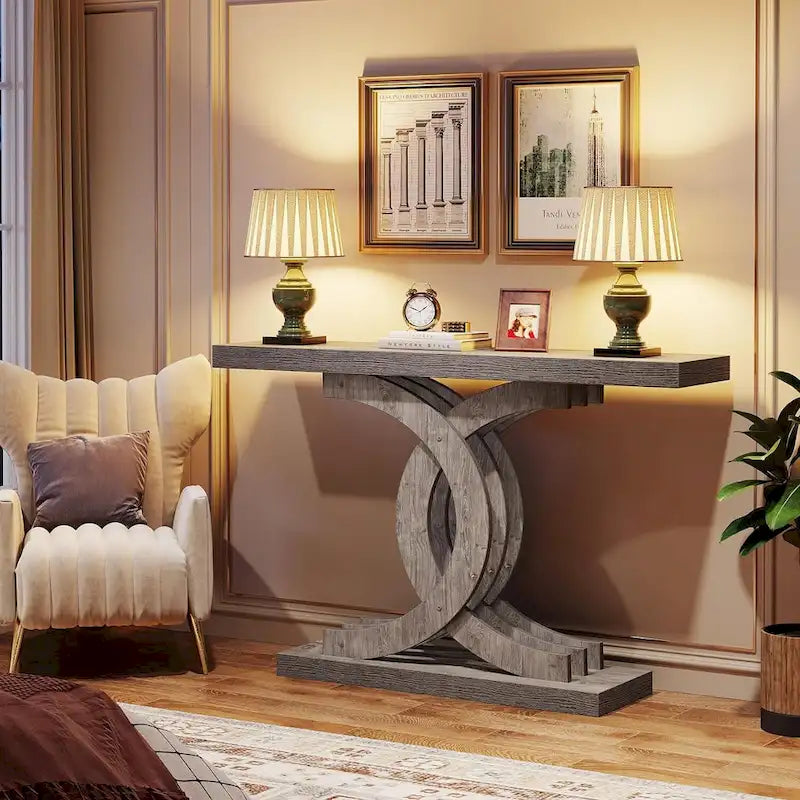 Farmhouse Wood Console Tables with Geometric Base for Entryway