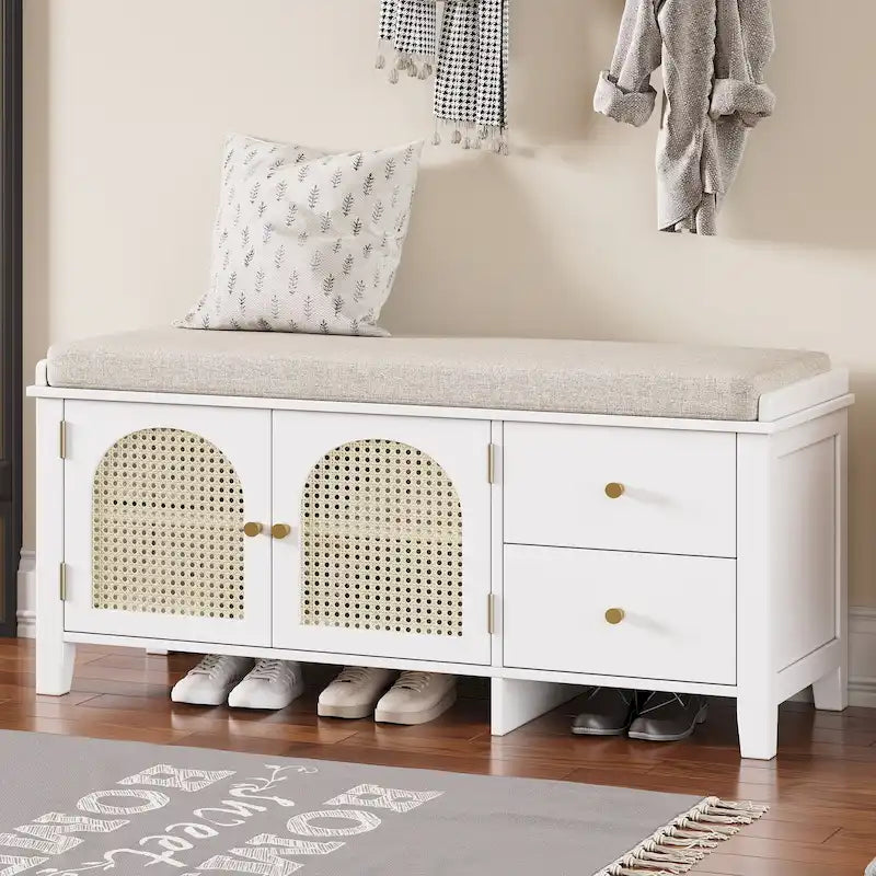 Vintage Shoe Bench with Cushion, 2 Drawers & 2 Rattan Doors