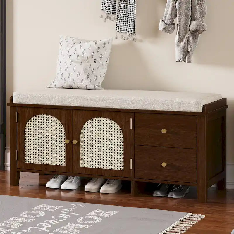 Vintage Shoe Bench with Cushion, 2 Drawers & 2 Rattan Doors