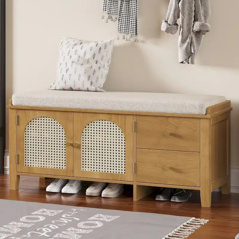 Vintage Shoe Bench with Cushion, 2 Drawers & 2 Rattan Doors