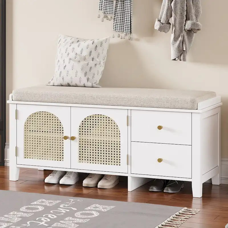 Vintage Shoe Bench with Cushion, 2 Drawers & 2 Rattan Doors