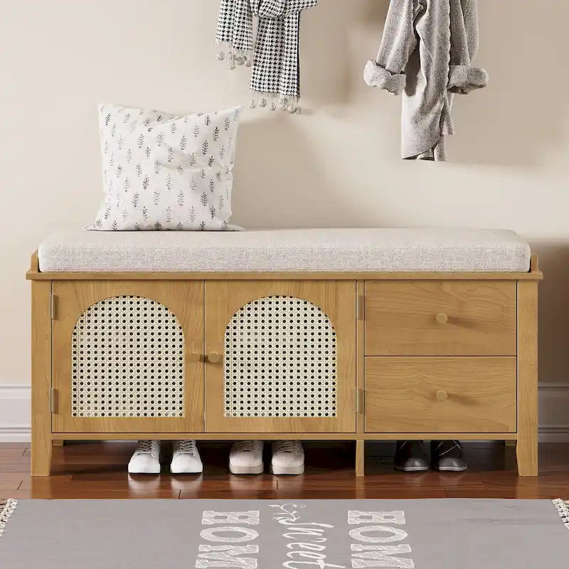 Vintage Shoe Bench with Cushion, 2 Drawers & 2 Rattan Doors