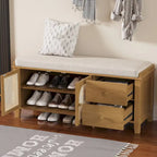 Vintage Shoe Bench with Cushion, 2 Drawers & 2 Rattan Doors