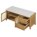 Vintage Shoe Bench with Cushion, 2 Drawers & 2 Rattan Doors