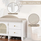 Vintage Shoe Bench with Cushion, 2 Drawers & 2 Rattan Doors