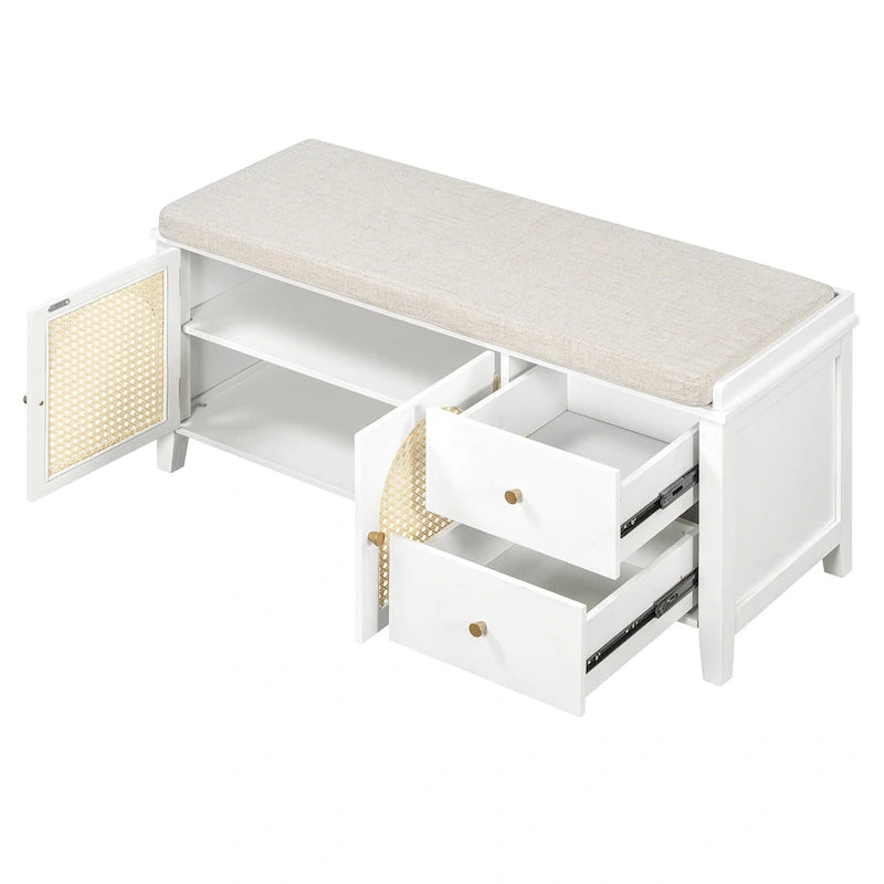 Vintage Shoe Bench with Cushion, 2 Drawers & 2 Rattan Doors