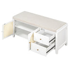Vintage Shoe Bench with Cushion, 2 Drawers & 2 Rattan Doors