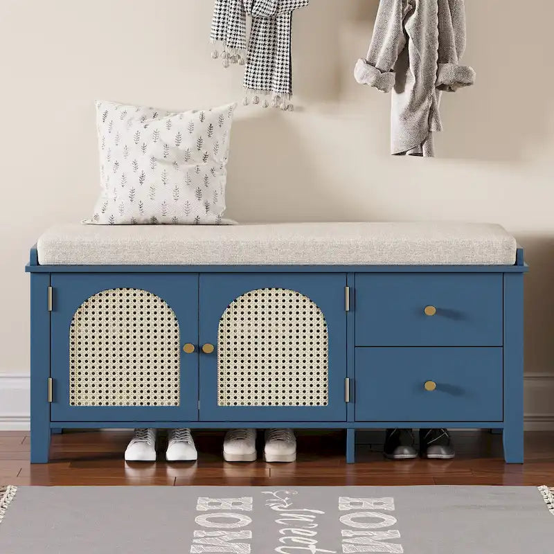Vintage Shoe Bench with Cushion, 2 Drawers & 2 Rattan Doors