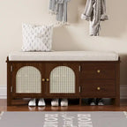 Vintage Shoe Bench with Cushion, 2 Drawers & 2 Rattan Doors