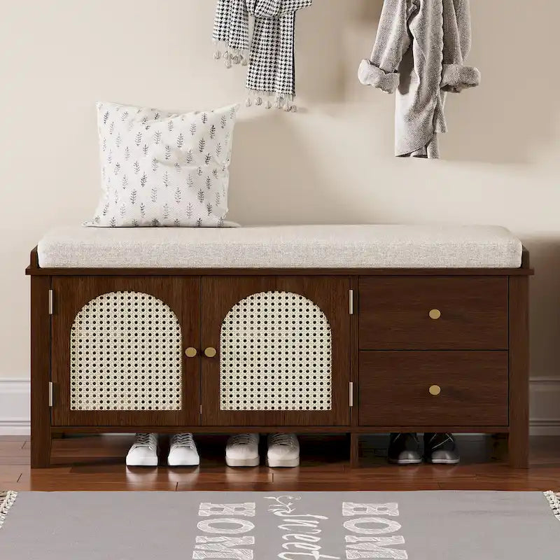Vintage Shoe Bench with Cushion, 2 Drawers & 2 Rattan Doors