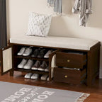 Vintage Shoe Bench with Cushion, 2 Drawers & 2 Rattan Doors