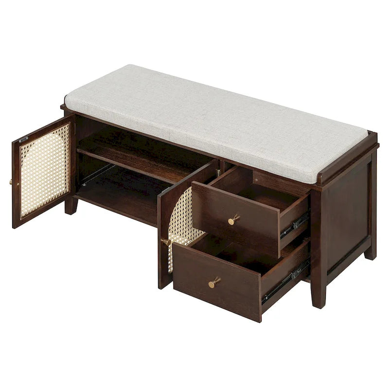Vintage Shoe Bench with Cushion, 2 Drawers & 2 Rattan Doors