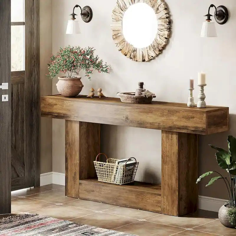 Farmhouse 63 Console Table, 2-Tier Entryway Table Narrow Long Wood Sofa Table
