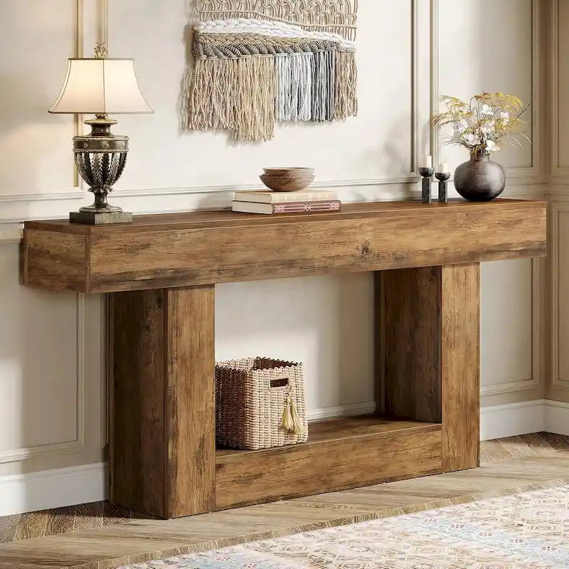 Farmhouse 63 Console Table, 2-Tier Entryway Table Narrow Long Wood Sofa Table
