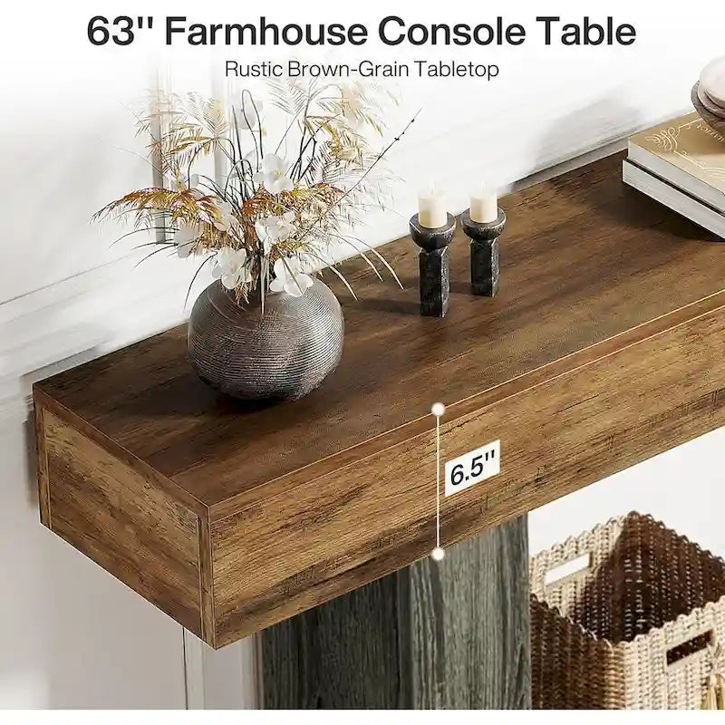 Farmhouse 63 Console Table, 2-Tier Entryway Table Narrow Long Wood Sofa Table