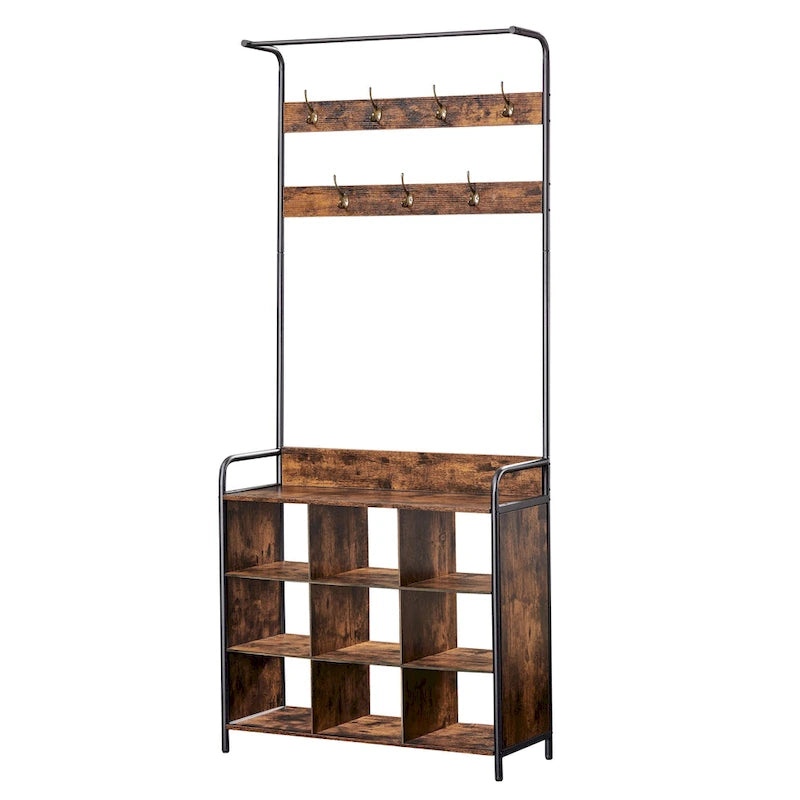 Antique Brown Wooden 3 in 1 Hall Tree, Entry Shoe Rack with Clothes Rack and 7 Hooks