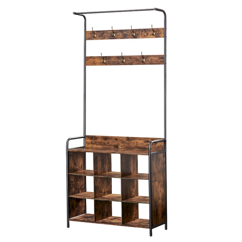 Antique Brown Wooden 3 in 1 Hall Tree, Entry Shoe Rack with Clothes Rack and 7 Hooks