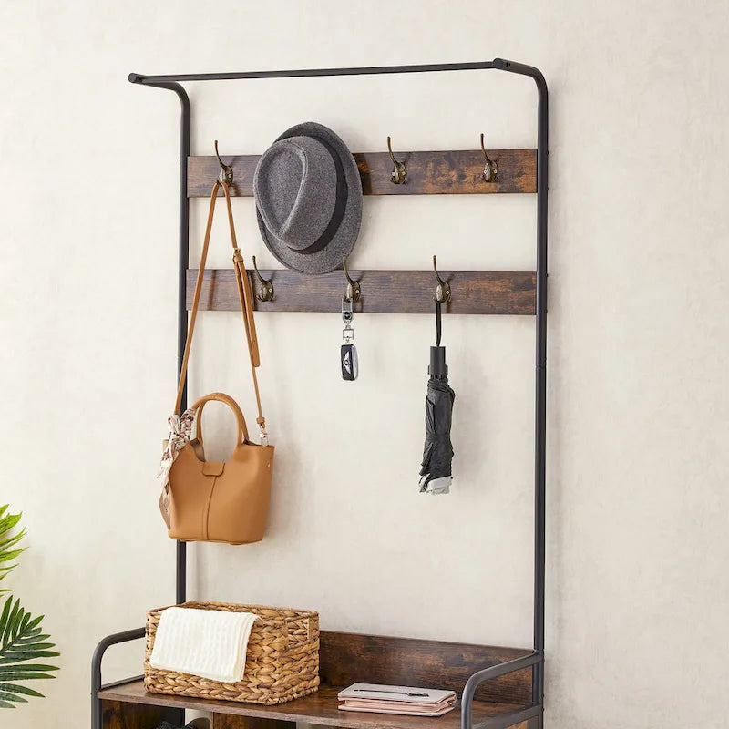 Antique Brown Wooden 3 in 1 Hall Tree, Entry Shoe Rack with Clothes Rack and 7 Hooks