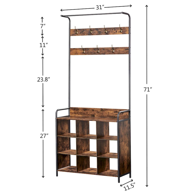 Antique Brown Wooden 3 in 1 Hall Tree, Entry Shoe Rack with Clothes Rack and 7 Hooks
