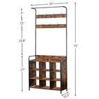 Antique Brown Wooden 3 in 1 Hall Tree, Entry Shoe Rack with Clothes Rack and 7 Hooks