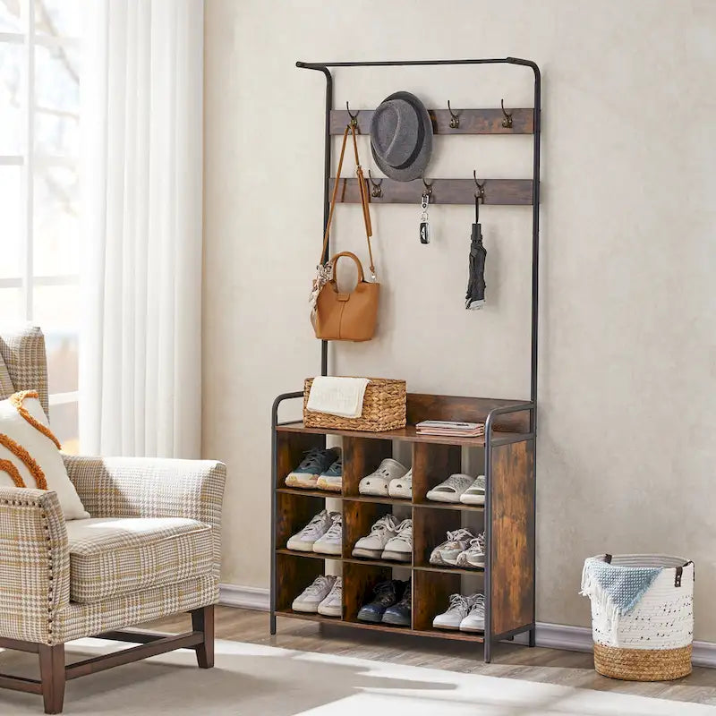 Antique Brown Wooden 3 in 1 Hall Tree, Entry Shoe Rack with Clothes Rack and 7 Hooks