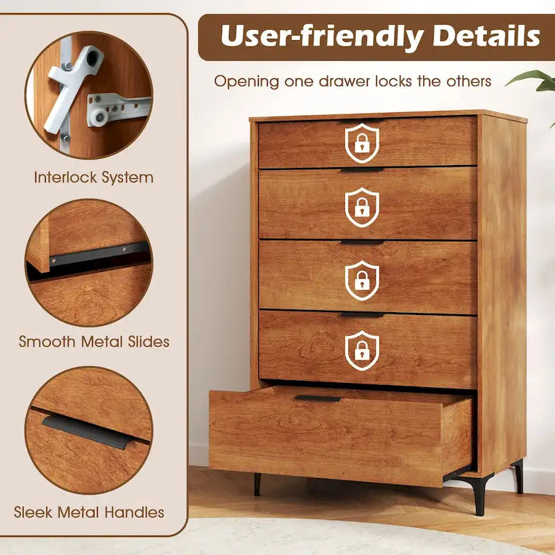 Gymax 5-Drawer Dresser w/ Interlock System Metal Support Legs &