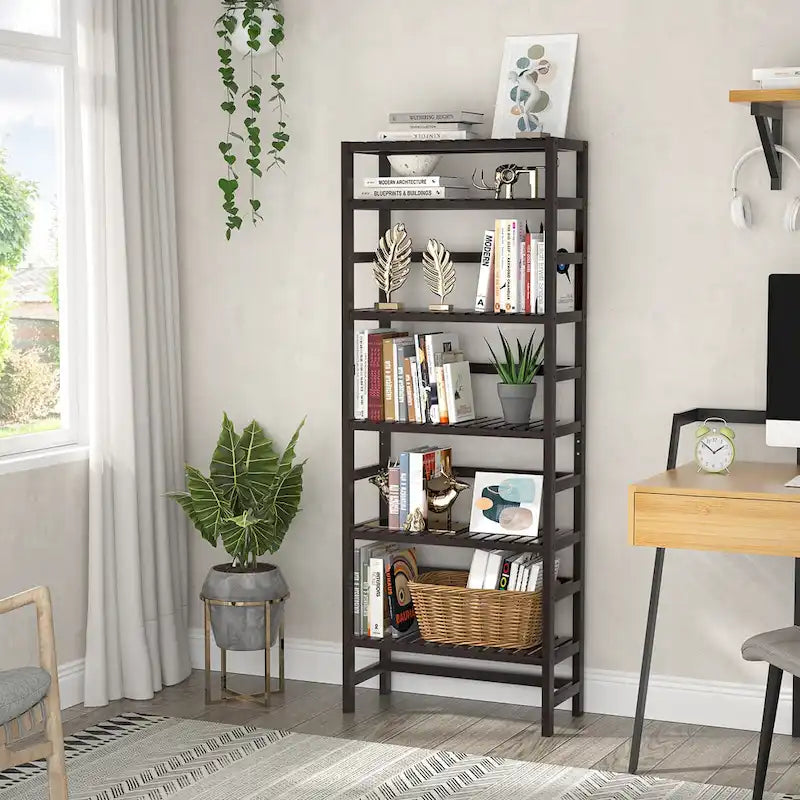 6-Tiers Adjustable Bamboo Storage Shelving Rack,Freestanding Open Display Shelf Organizer Rack