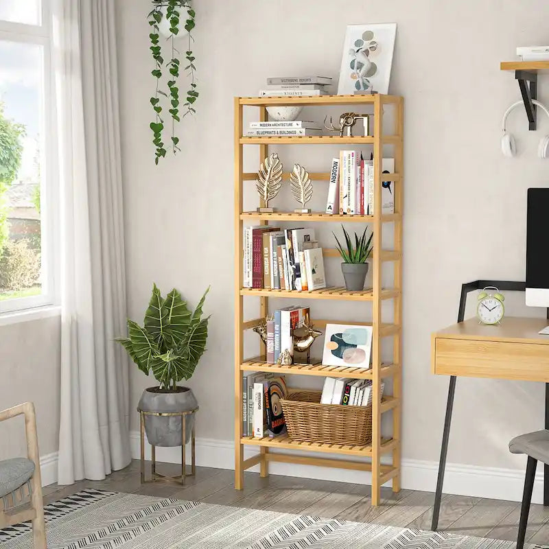 6-Tiers Adjustable Bamboo Storage Shelving Rack,Freestanding Open Display Shelf Organizer Rack