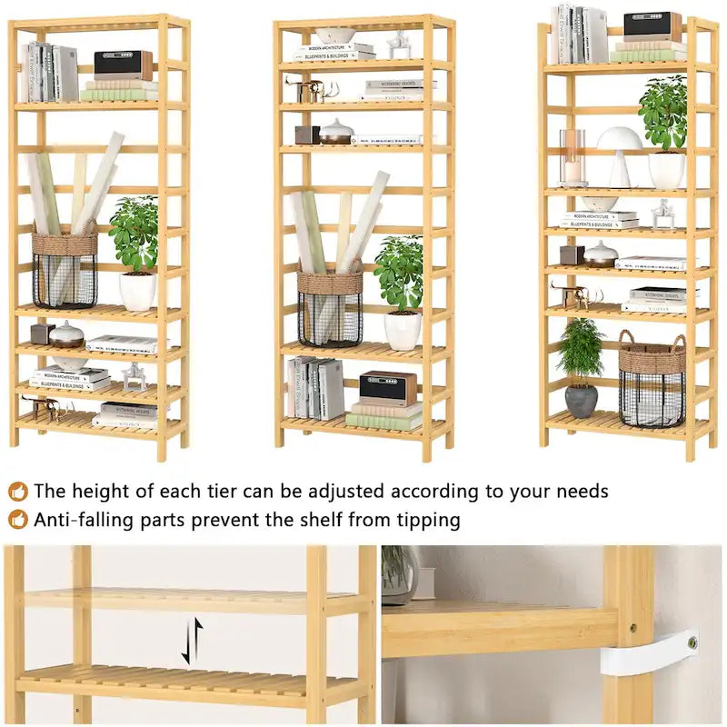 6-Tiers Adjustable Bamboo Storage Shelving Rack,Freestanding Open Display Shelf Organizer Rack