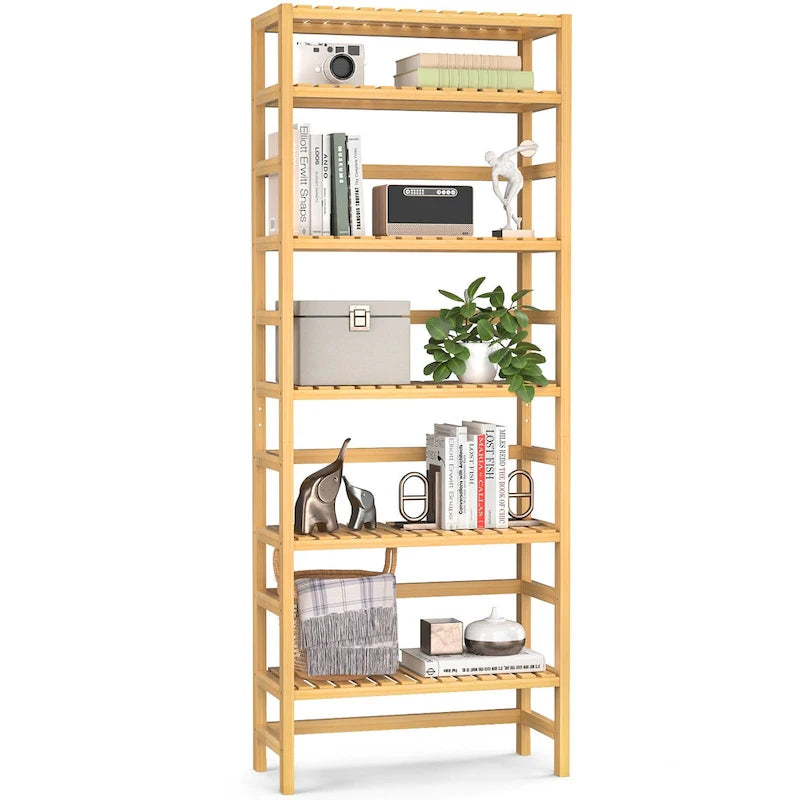 6-Tiers Adjustable Bamboo Storage Shelving Rack,Freestanding Open Display Shelf Organizer Rack