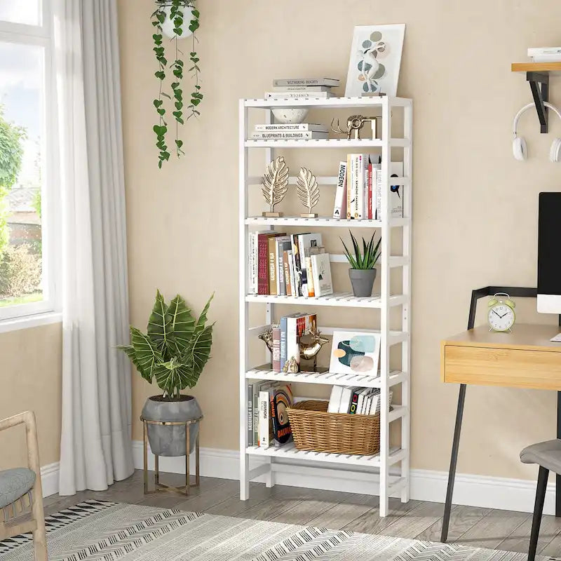 6-Tiers Adjustable Bamboo Storage Shelving Rack,Freestanding Open Display Shelf Organizer Rack