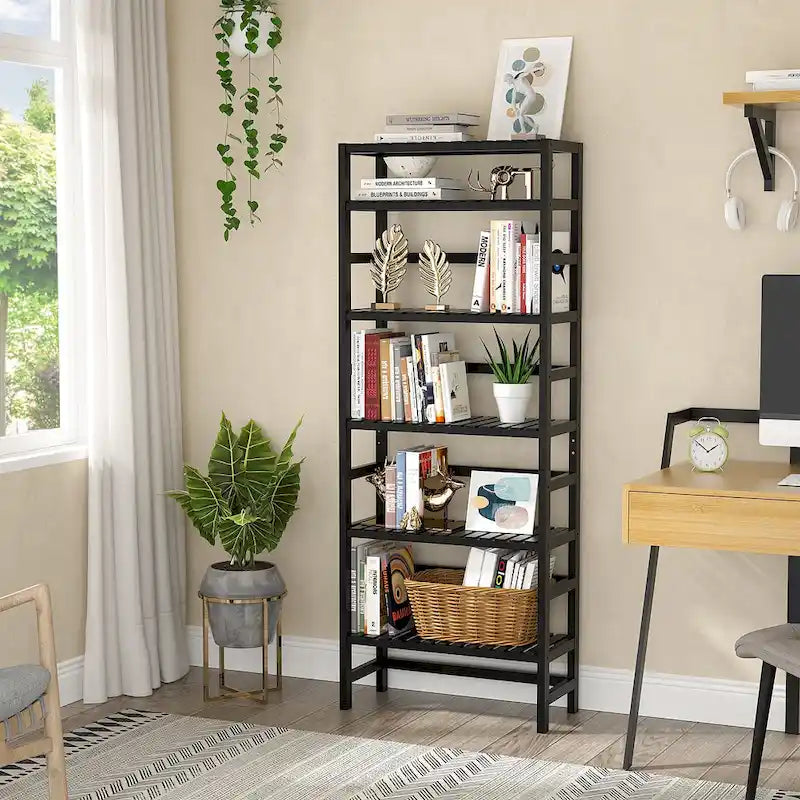 6-Tiers Adjustable Bamboo Storage Shelving Rack,Freestanding Open Display Shelf Organizer Rack