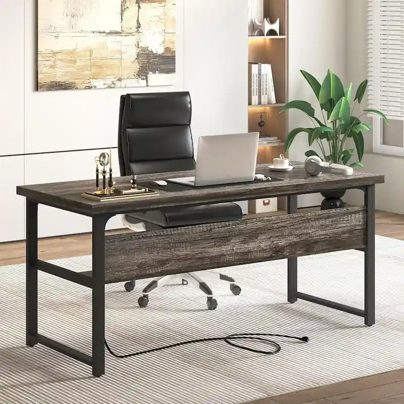 Executive Desk Computer Desk with Extra Thick Tabletop, Simple Office Desk Workstation Study Writing Table with Power Outlets