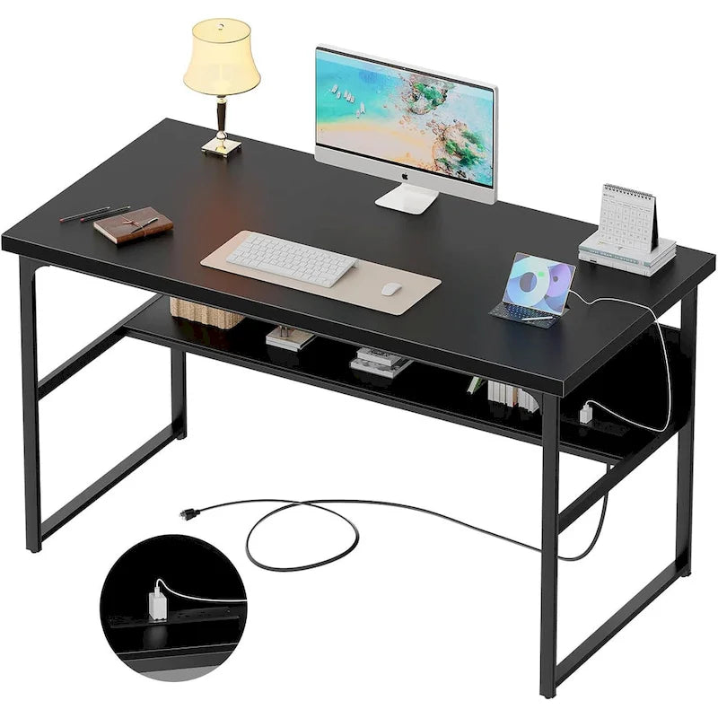 Executive Desk Computer Desk with Extra Thick Tabletop, Simple Office Desk Workstation Study Writing Table with Power Outlets