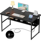 Executive Desk Computer Desk with Extra Thick Tabletop, Simple Office Desk Workstation Study Writing Table with Power Outlets