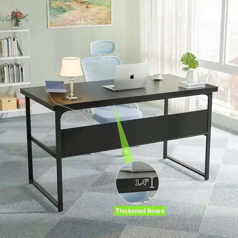 Executive Desk Computer Desk with Extra Thick Tabletop, Simple Office Desk Workstation Study Writing Table with Power Outlets