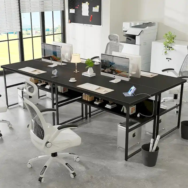 Executive Desk Computer Desk with Extra Thick Tabletop, Simple Office Desk Workstation Study Writing Table with Power Outlets