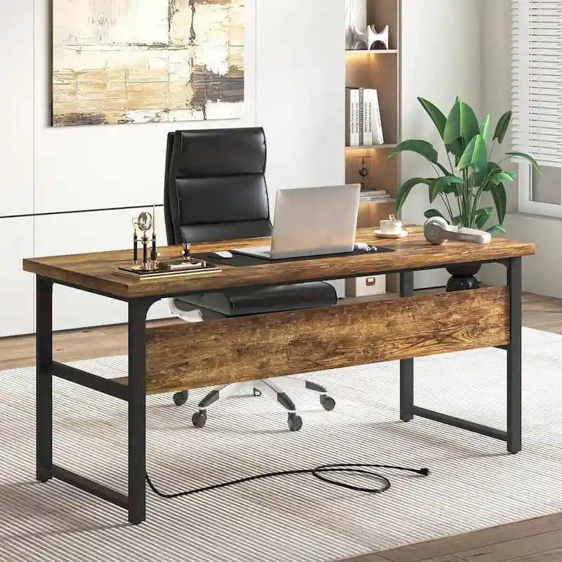 Executive Desk Computer Desk with Extra Thick Tabletop, Simple Office Desk Workstation Study Writing Table with Power Outlets