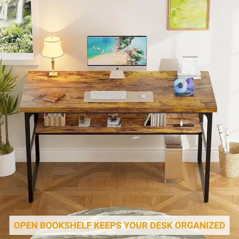 Executive Desk Computer Desk with Extra Thick Tabletop, Simple Office Desk Workstation Study Writing Table with Power Outlets