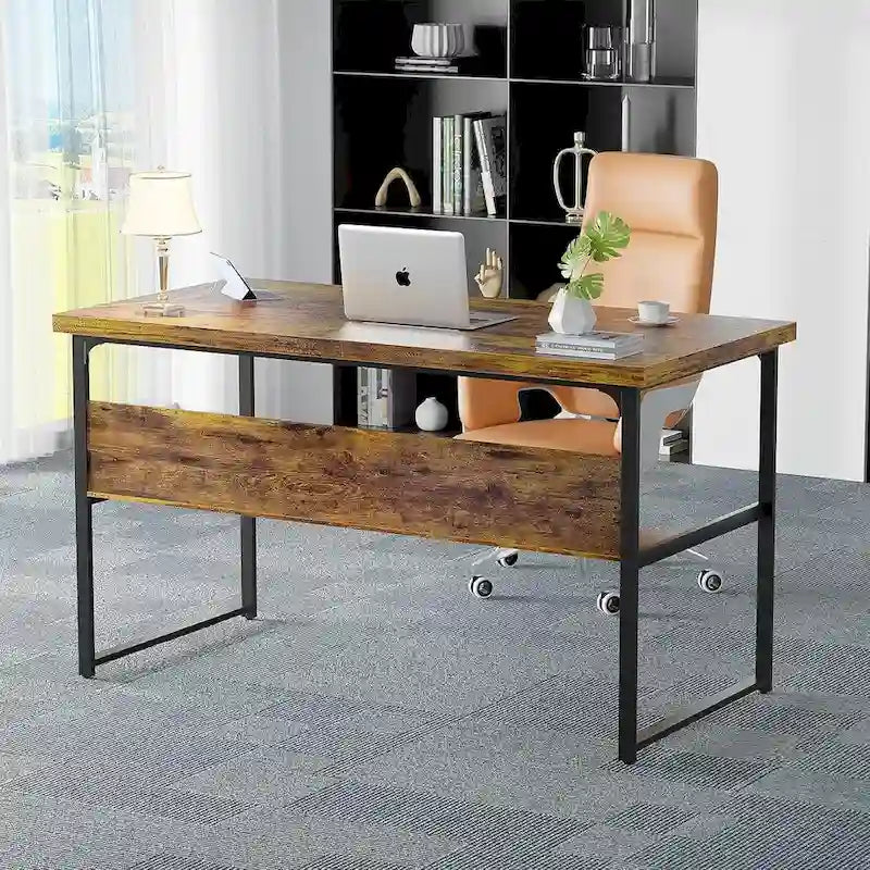Executive Desk Computer Desk with Extra Thick Tabletop, Simple Office Desk Workstation Study Writing Table with Power Outlets
