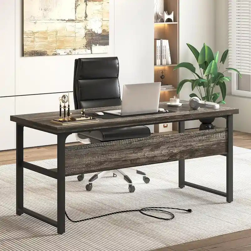 Executive Desk Computer Desk with Extra Thick Tabletop, Simple Office Desk Workstation Study Writing Table with Power Outlets