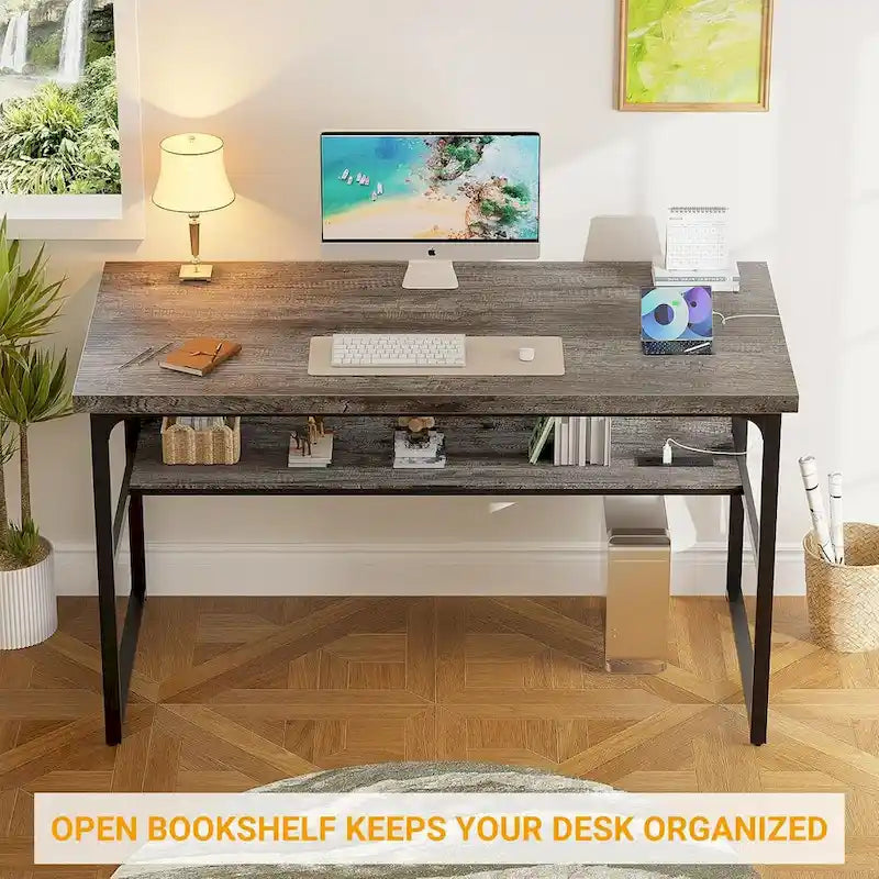 Executive Desk Computer Desk with Extra Thick Tabletop, Simple Office Desk Workstation Study Writing Table with Power Outlets
