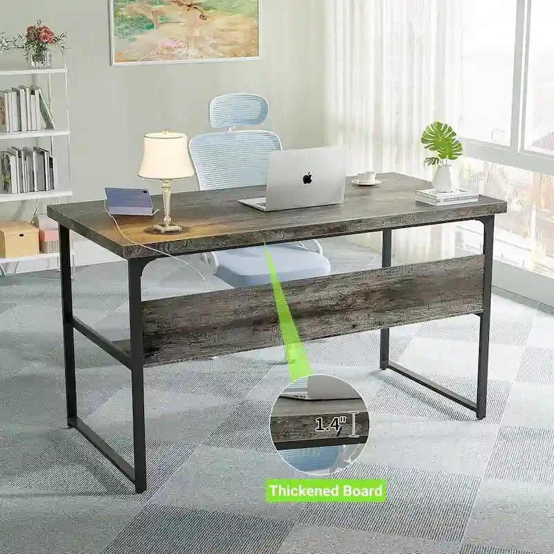 Executive Desk Computer Desk with Extra Thick Tabletop, Simple Office Desk Workstation Study Writing Table with Power Outlets