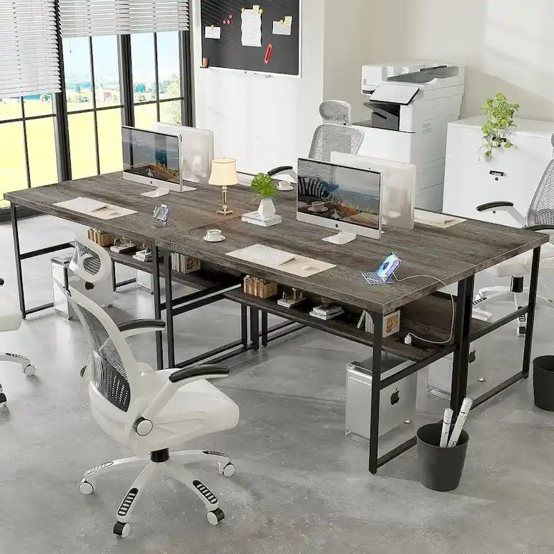 Executive Desk Computer Desk with Extra Thick Tabletop, Simple Office Desk Workstation Study Writing Table with Power Outlets