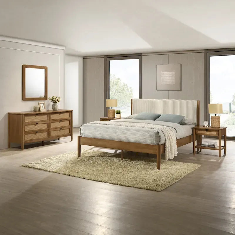 Roundhill Furniture Vichy 5-Piece Rattan Bedroom Set with Upholstered Queen Bed, Chest, Dresser, Mirror, and 2 Nightstands