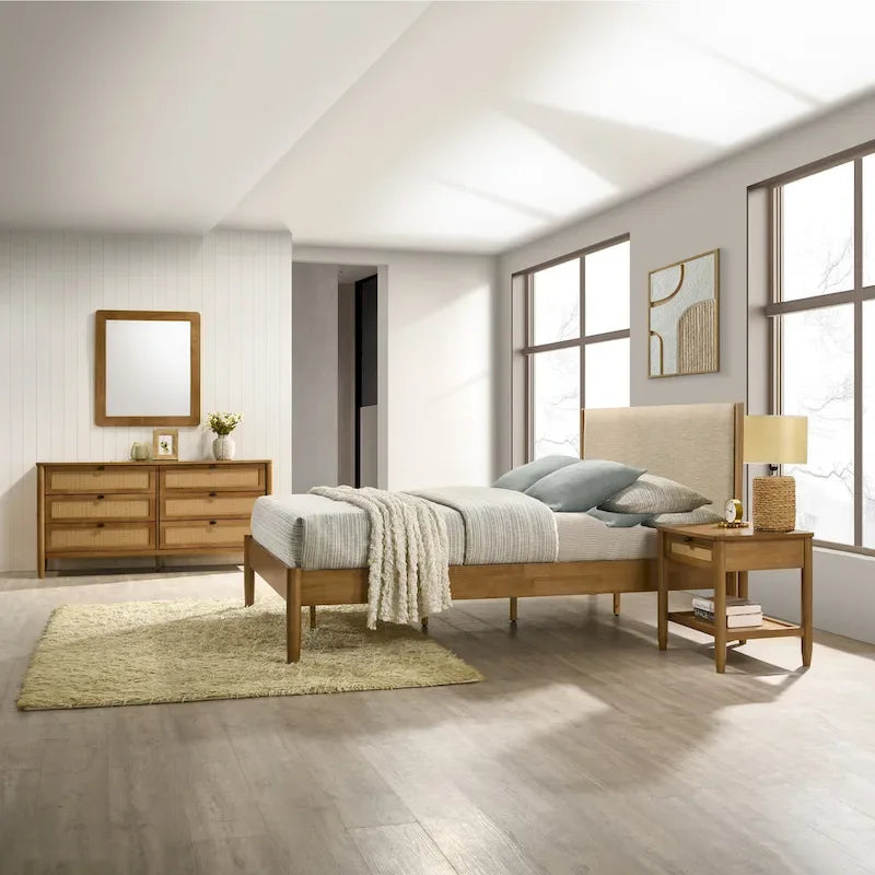 Roundhill Furniture Vichy 5-Piece Rattan Bedroom Set with Upholstered Queen Bed, Chest, Dresser, Mirror, and 2 Nightstands