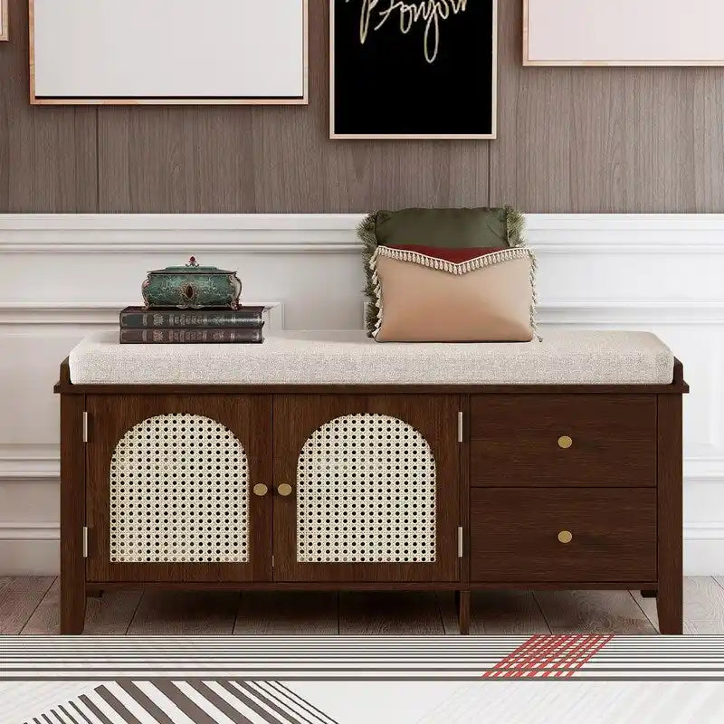 Retro Shoe Storage Bench with Drawers and Cushion for Entryway or Living Room Organization